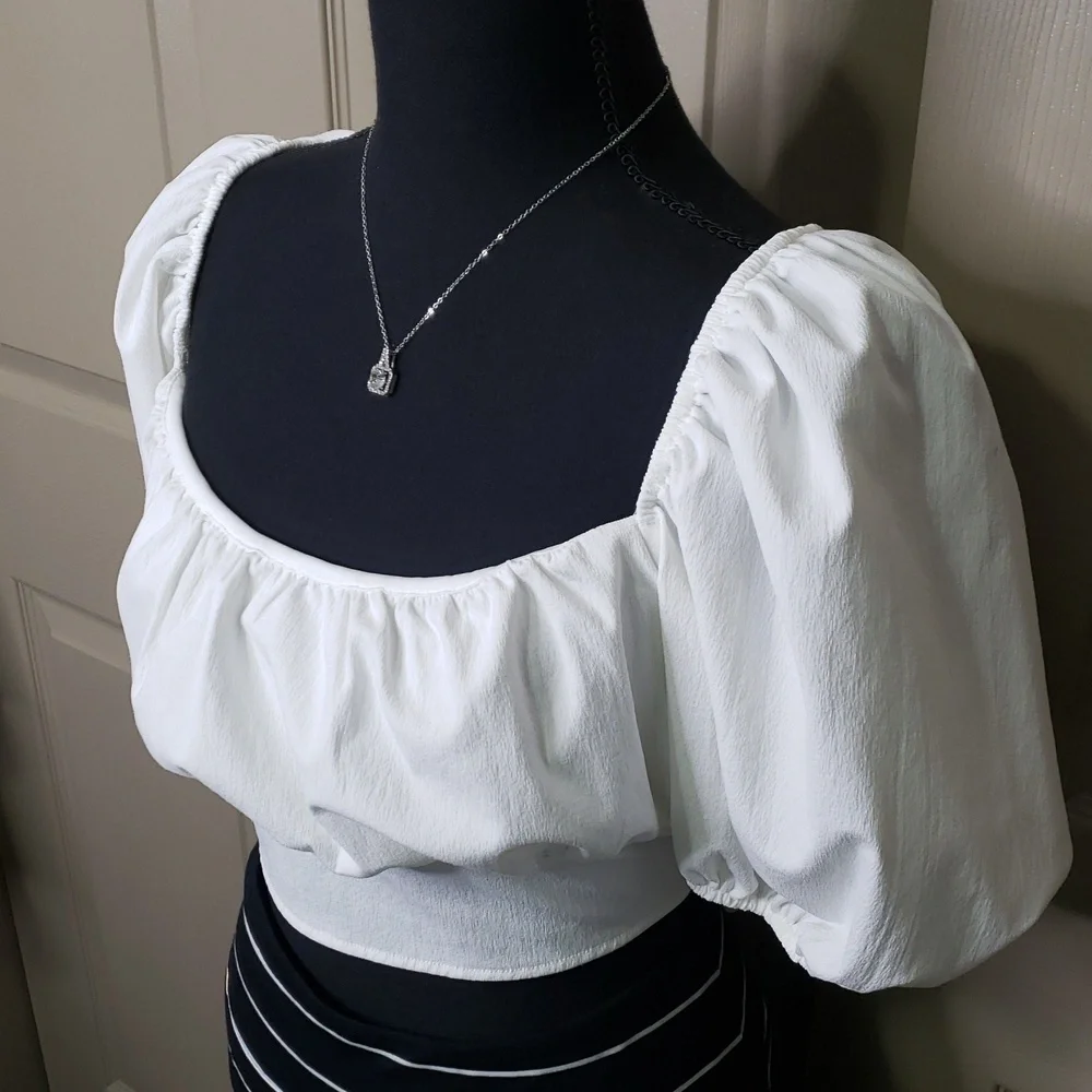 NWO Zara White Puff Sleeve Ruched Blouse Lace Up Open Back Top Size Large